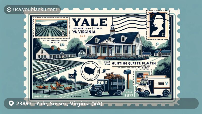 Modern illustration of Yale, Virginia, featuring Hunting Quarter Plantation, Clay Hill Garden Events, Sussex County outline, and Virginia state flag, with postal theme elements like stamps, ZIP code 23897, mailbox, and mail truck.