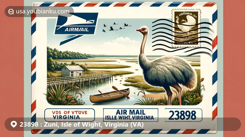 Modern illustration of Zuni, Isle of Wight County, Virginia, showcasing postal theme with ZIP code 23898, featuring Blackwater River, a traditional canoe, Isle of Wight County landscape, Virginia state flag, and Bullis Ostrich Farm ostrich.