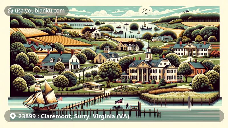 Modern illustration of Claremont, Surry County, Virginia, featuring historic Claremont Manor from around 1750, picturesque James River, Upper Chippokes Creek, and subtle nods to the area's agricultural and resort heritage, including the impact of Hurricane Isabel in 2003.