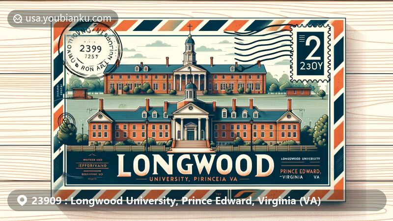 Modern illustration of Longwood University's Jeffersonian brick buildings, Curry and Frazer residence halls, and Longwood House in a postcard envelope, merging educational heritage with postal aesthetics, showcasing stamps and postmark with ZIP code 23909.