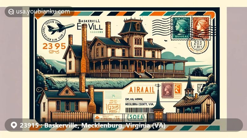 Modern illustration of airmail envelope showcasing Elm Hill and Eureka landmarks in Baskerville, Mecklenburg County, Virginia. Features unique architectural styles and regional elements, including Virginia state flag.
