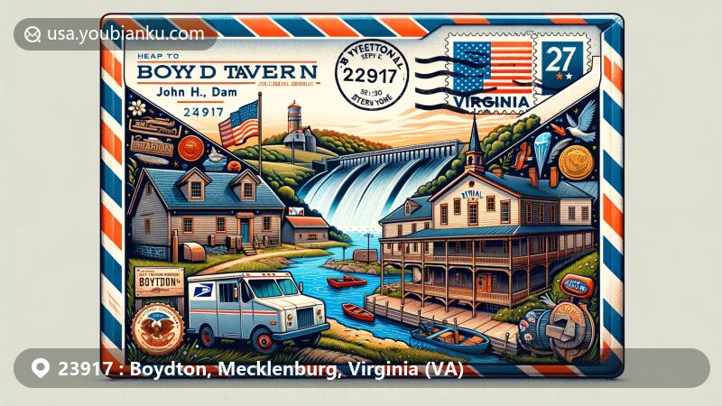 Modern illustration of Boyd Tavern and John H. Kerr Dam in Boydton, Virginia, featuring airmail envelope design with ZIP code 23917, postage stamp, postmark, American postal symbols, and subtle Virginia state flag integration.
