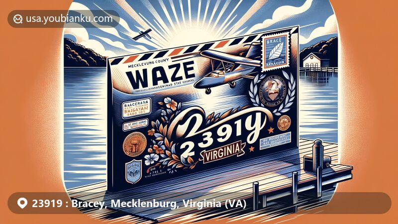 Modern illustration of Bracey, Mecklenburg County, Virginia, featuring postal theme with ZIP code 23919, showcasing iconic elements of the county and state, set against the scenic backdrop of Lake Gaston.