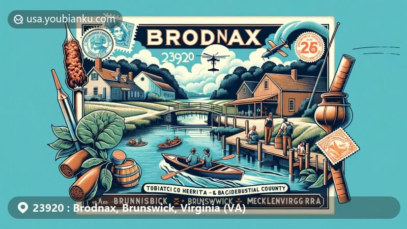 Modern illustration of Brodnax, Virginia, showcasing Brunswick and Mecklenburg Counties, featuring Tobacco Heritage Trail, Mecklenburg-Brunswick Regional Airport, and postal theme with ZIP code 23920.