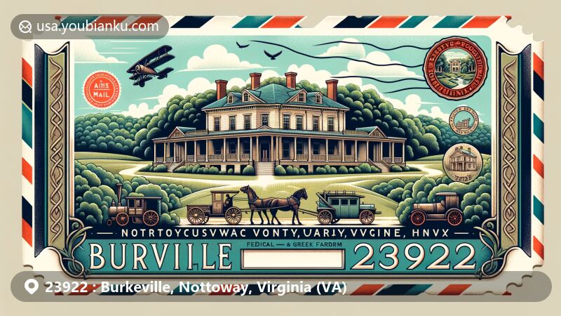 Modern illustration of Burkeville, Nottoway County, Virginia, depicting serene natural beauty with forests and farmland, featuring Hyde Park historic home and farm complex and nods to Civil War history. Includes Burkeville community symbols and postal decorations.