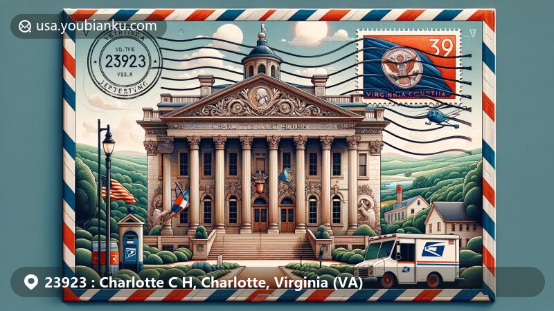 Illustration of historic courthouse in Charlotte Court House, Virginia, with airmail envelope, showcasing Virginia state flag stamp, postmark ZIP code 23923, and postal elements in background.
