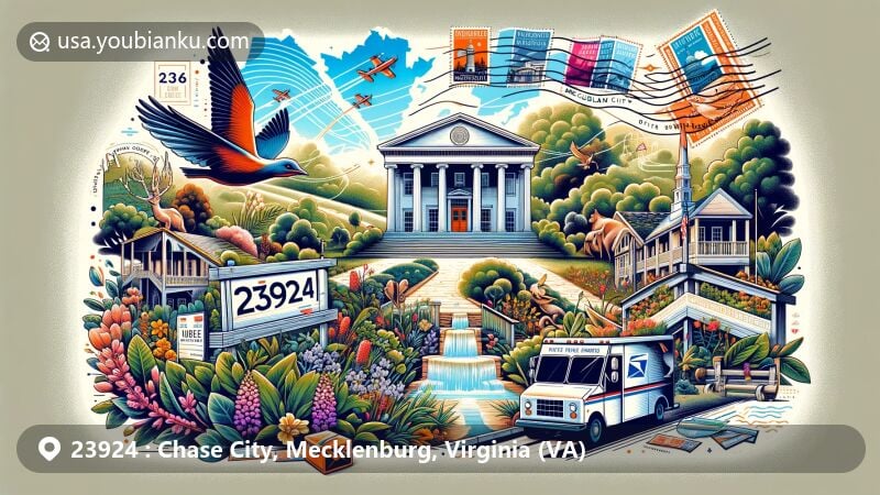 Contemporary illustration of Chase City, Virginia, featuring the iconic ZIP code 23924, showcasing the town's postal heritage and vibrant community spirit.