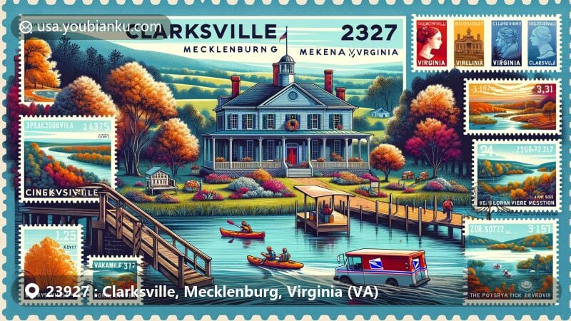 Modern illustration of Clarksville, Mecklenburg County, Virginia, highlighting the Prestwould Plantation historical mansion, Roanoke River, John H. Kerr Reservoir activities, fall foliage, and vintage postal theme with ZIP code 23927.