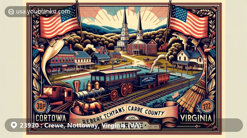 Modern illustration of Crewe, Nottoway County, Virginia, featuring vintage postcard motif with ZIP code 23930, showcasing Crewe Railroad Museum and Robert Thomas Carriage Museum.