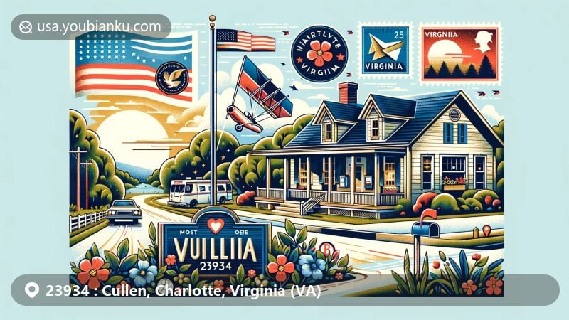 Modern illustration of Cullen, Virginia, featuring serene countryside, lush greenery, and symbolic elements of Virginia like the state flag and dogwood flower. Includes vintage post office façade with ZIP code 23934, red and blue airmail envelope, and postal stamps with iconic landmarks.