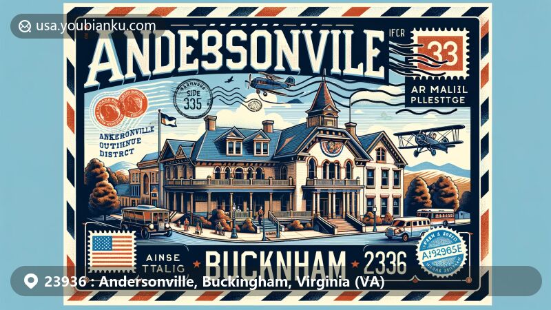 Vintage air mail envelope design for ZIP code 23936, featuring landmarks from Andersonville and Buckingham in Virginia, including Buckingham Courthouse Historic District and Buckingham Female Collegiate Institute Historic District.