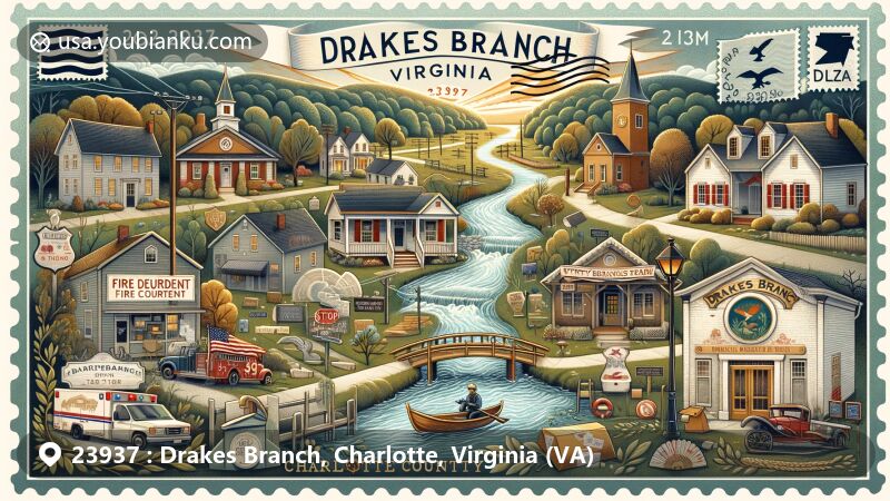 Modern illustration of Drakes Branch, Charlotte County, Virginia, featuring landmarks like Twitty’s Creek, the Fire Department, and Drakes Branch Museum, reflecting community spirit and history.