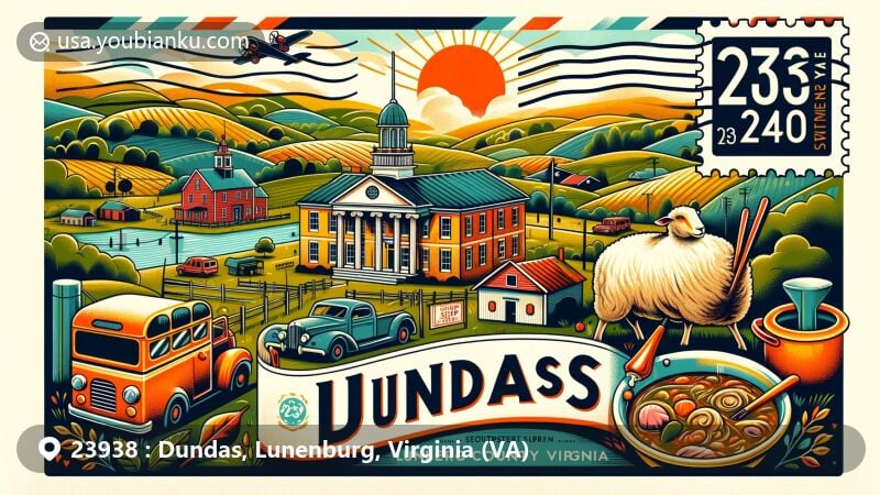 Modern illustrative depiction of Dundas, Lunenburg County, Virginia, showcasing postal theme with ZIP code 23938 amid rural landscapes and sheep stew tradition, featuring Lunenburg County Courthouse.