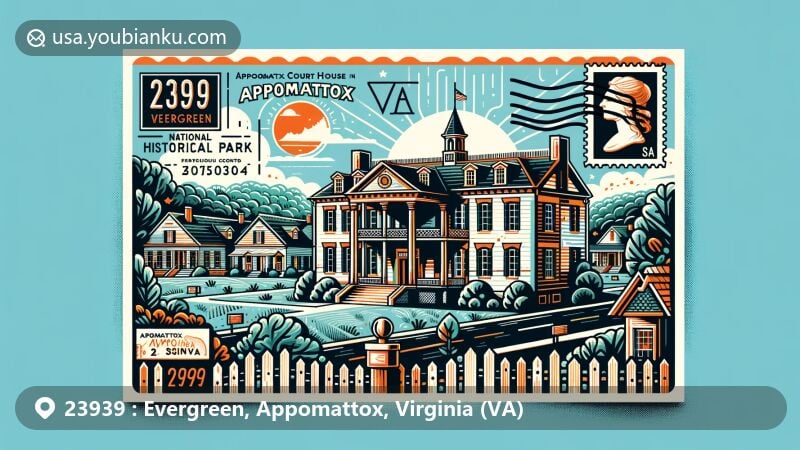 Modern illustration of Evergreen, Appomattox, Virginia, showcasing postal theme with ZIP code 23939, featuring Appomattox Court House National Historical Park and Appomattox County outline.