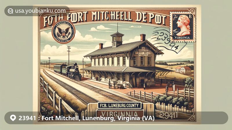 Vintage postcard style illustration of Fort Mitchell, Lunenburg County, Virginia, with historic Fort Mitchell Depot railway station, showcasing natural beauty and local charm.