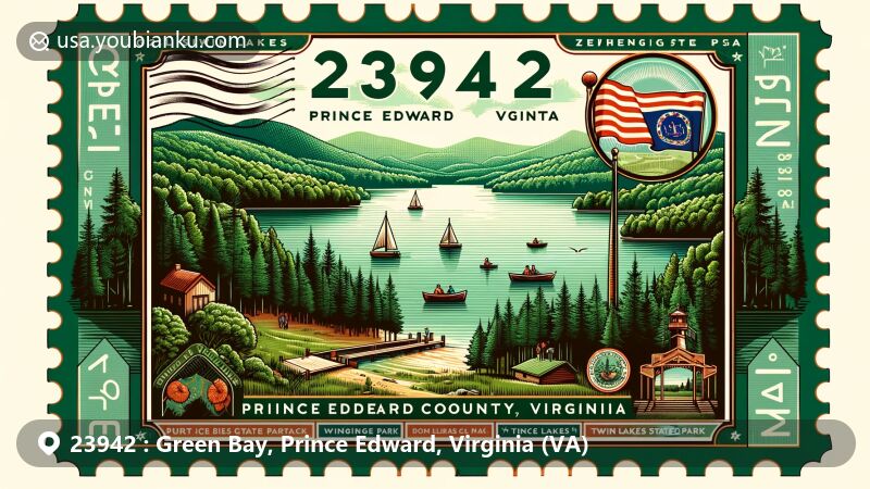 Modern illustration of Green Bay, Prince Edward County, Virginia, showcasing ZIP code 23942, featuring lush greenery, iconic Virginia symbols, and Twin Lakes State Park with Prince Edward and Goodwin lakes.