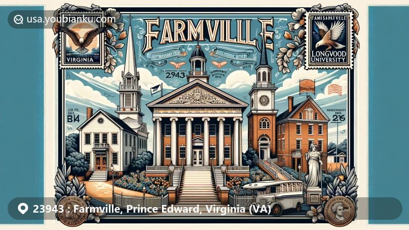 Modern illustration of Farmville, Virginia, blending historical landmarks with postal themes, featuring notable architectural styles like Greek Revival and Late Victorian in the Farmville Historic District.