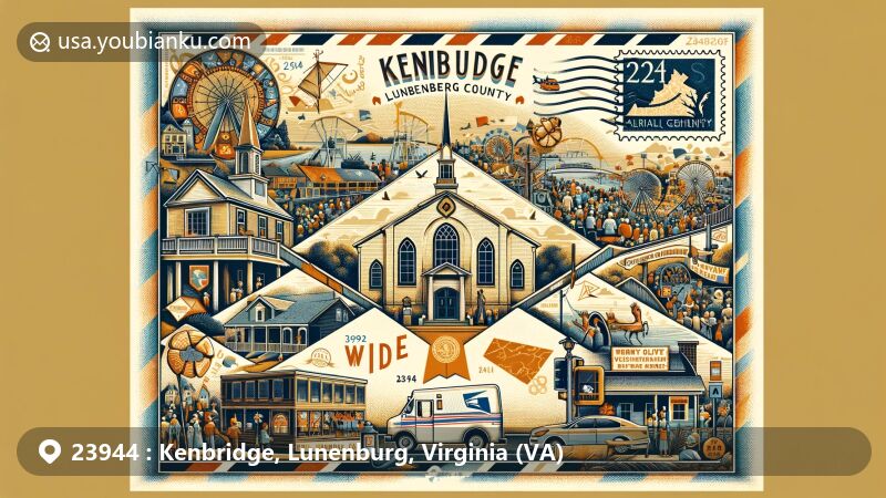 Modern illustration of Kenbridge, Lunenburg County, Virginia, featuring postal theme with ZIP code 23944, showcasing St. Luke's Episcopal Church, community festival, and Lunenburg County outline.