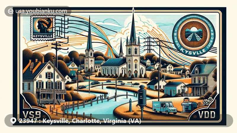Modern illustration of Keysville, Charlotte County, Virginia, featuring blend of historical and modern elements, including natural landscapes, historic churches, and symbols of community development.