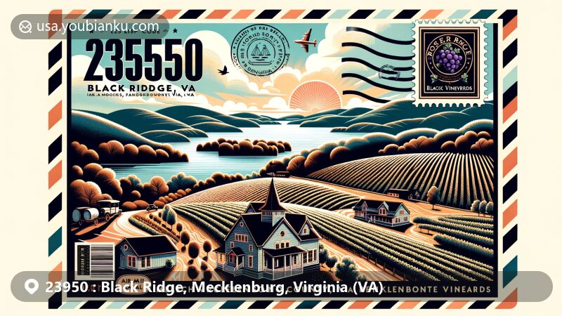 Modern illustration of Black Ridge, Mecklenburg County, Virginia, featuring postal theme with ZIP code 23950, showcasing Rosemont Vineyards and Lake Gaston.