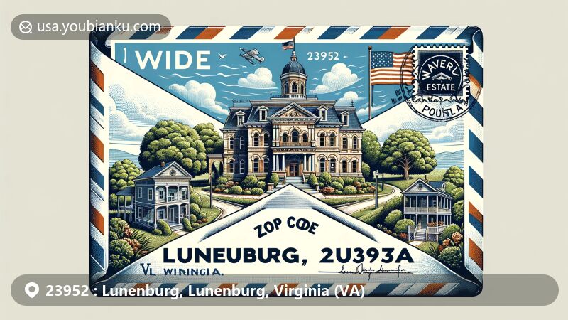 Modern illustration of Lunenburg, Virginia, showcasing Lunenburg Courthouse and Waverly Estate in a southern charm setting, within a postal theme with vintage air mail envelope and Virginia symbolic elements.