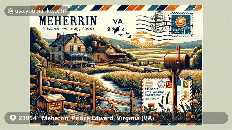 Illustration capturing the rural charm and community spirit of Meherrin in ZIP code 23954, encompassing the Meherrin River, local flora, and the peaceful landscape of Prince Edward and Lunenburg counties in Virginia.
