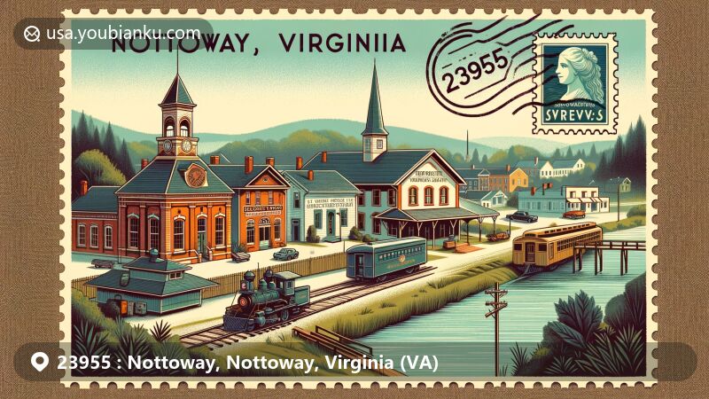 Modern illustration of Nottoway County, Virginia, celebrating historic landmarks including Burke’s Old Tavern, Burkeville Train Station, Crewe Railroad Museum, and Schwartz Tavern, with a backdrop of Nottoway River.