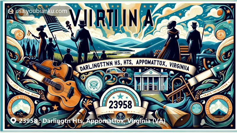 Modern illustration of Darlingtn Hts, Appomattox, Virginia postcard, inspired by the state's 'Mother of Presidents' nickname, featuring U.S. presidents' silhouettes, Blue Ridge Mountains, folk music instruments, and ZIP Code 23958.
