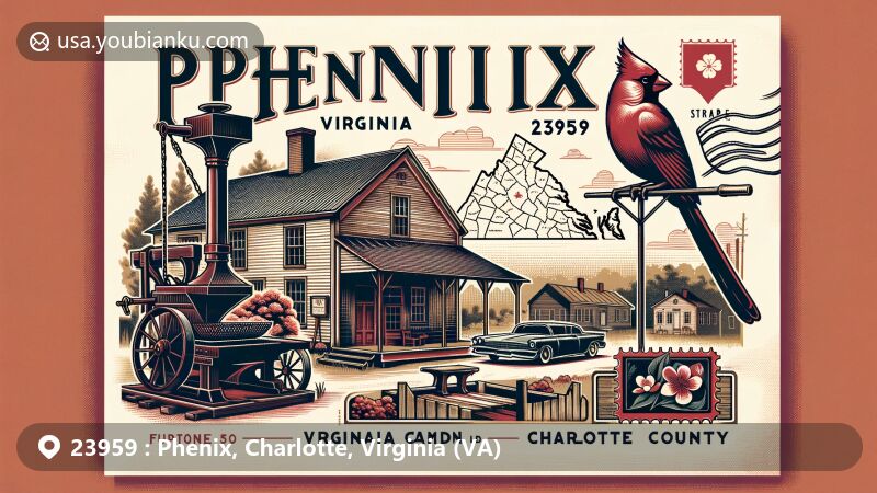 Vintage-style illustration of Phenix, Virginia, showcasing blacksmith shop, Virginia state symbols, and Charlotte County map, with ZIP code 23959.