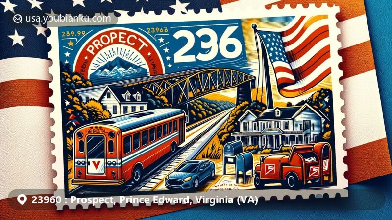 Modern illustration of Prospect, Virginia, capturing postal theme with ZIP code 23960, showcasing Virginia state flag, High Bridge Trail State Park, postage stamp, '23960' postmark, and iconic mailbox or mail truck.