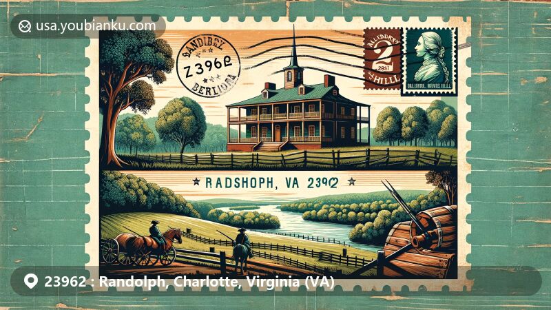 Modern illustration of ZIP code area 23962 in Randolph, Virginia, featuring Mulberry Hill plantation house and Staunton River Battlefield State Park.