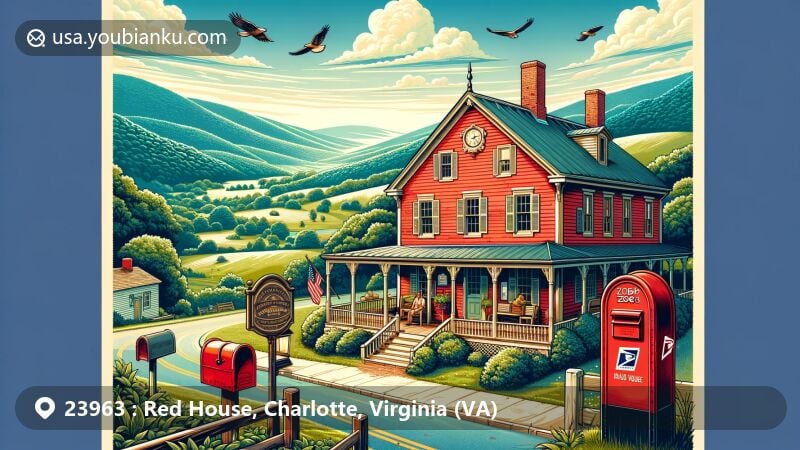 Modern illustration of Red House, Charlotte County, Virginia, featuring vintage tavern, Blue Ridge Mountains backdrop, and postal elements, capturing the area's history and natural beauty.