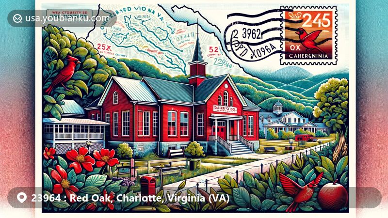 Modern illustration of Red Oak area in Charlotte County, Virginia, featuring Salem School, a historic institution for African American students post-Civil War, set amidst lush greenery. The image includes a '23964' ZIP code postal stamp incorporating Virginia's state symbols.