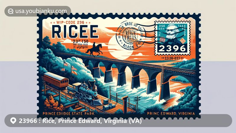 Modern illustration of ZIP code 23966 in Rice, Prince Edward County, Virginia, showcasing a postcard or envelope design with historical and geographical significance. Features High Bridge Trail State Park, symbolizing connections to the Civil War era and natural beauty.