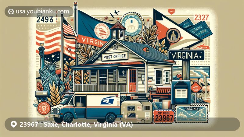 Modern illustration of Saxe, Charlotte County, Virginia, featuring postal theme with ZIP code 23967, and elements representing Virginia's identity.