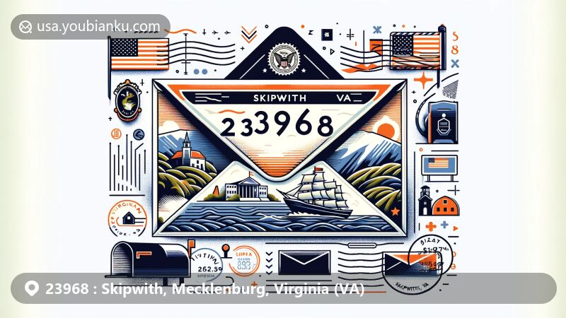 Modern illustration for Skipwith, Virginia's ZIP code 23968, featuring a central airmail envelope with a symbolic stamp of Skipwith's landmark or natural landscape, surrounded by Virginia state flag, postmark, and mailbox.