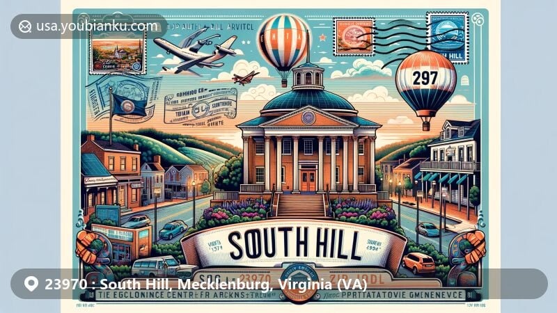 Vibrant illustration of South Hill, Mecklenburg County, Virginia, with ZIP code 23970, focusing on Colonial Center for the Performing Arts, showcasing cultural heritage and community spirit, featuring postcard borders, air mail envelope aesthetic, stamps with local scenery, and postmark stamp with ZIP code 23970.