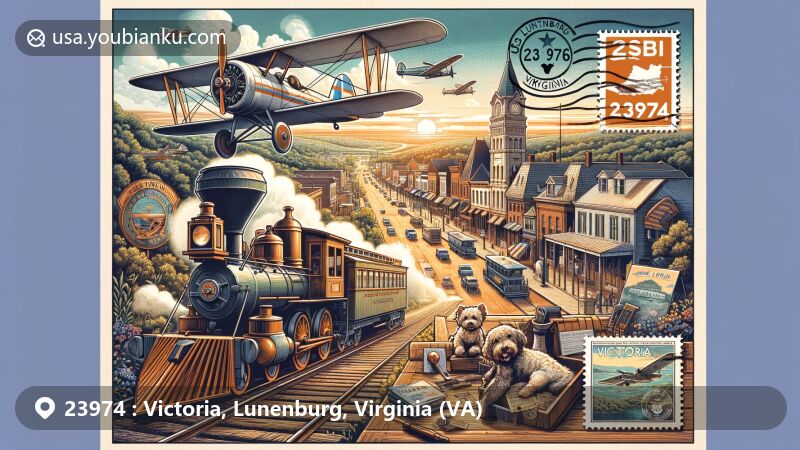Modern illustration of Victoria, Lunenburg County, Virginia, displaying aviation-themed postcard with vintage steam locomotive and railway carriage, highlighting railway heritage and local community. Featuring support for animal shelter, emphasis on community values, and promotion of local businesses. Showing postal code 23974, Virginia state symbols, and creative integration of Victoria's founding year (1916) on a postage stamp. Seamlessly blending background with Victoria's charm, historic architecture, and natural beauty, signifying balance between preservation and progress.