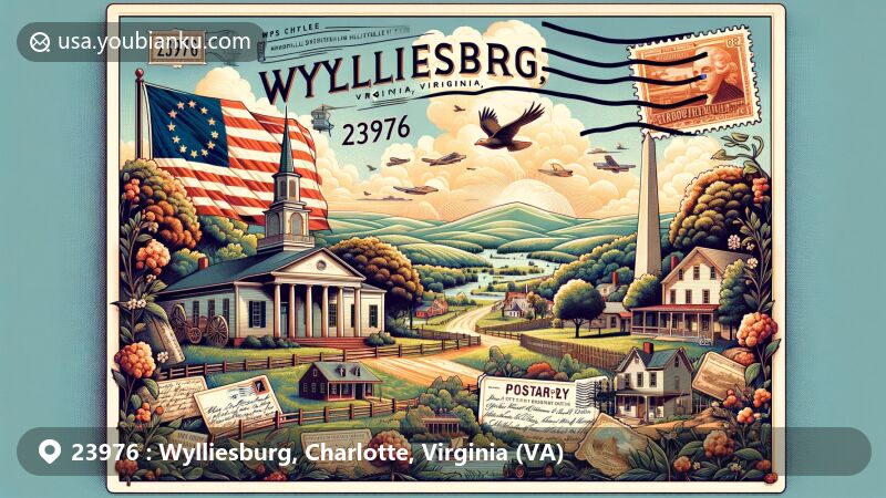 Modern illustration of Wylliesburg, Charlotte County, Virginia, featuring Mulberry Hill and Roanoke Plantation, with postal theme and ZIP code 23976.