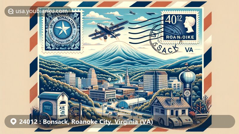 Modern illustration of Bonsack and Roanoke, Virginia, featuring air mail envelope backdrop, Mill Mountain Star stamp, postal symbols, and cityscape, merging history, modernity, nature, and urban life.