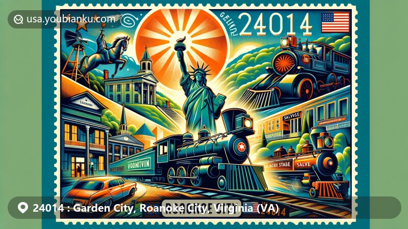 Modern illustration of Garden City, Roanoke City, Virginia, showcasing postal theme with ZIP code 24014, featuring iconic landmarks like Mill Mountain Star and Virginia Museum of Transportation.