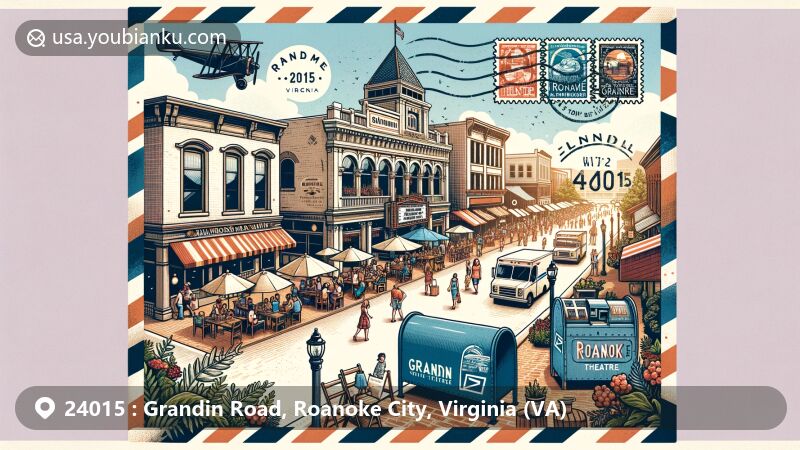Modern illustration of Grandin Road area in Roanoke, Virginia, showcasing Grandin Village with historic Grandin Theatre, community atmosphere, outdoor dining areas, local shops, and summer chillage event.