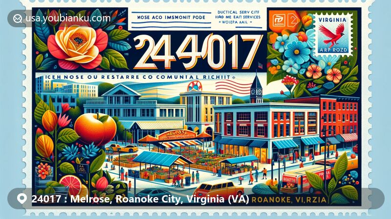 Illustration of Melrose area in Roanoke City, Virginia, featuring Melrose Plaza initiative celebrating cultural enrichment and community empowerment, with vibrant market scenes, educational and health service buildings, and Virginia state symbols.