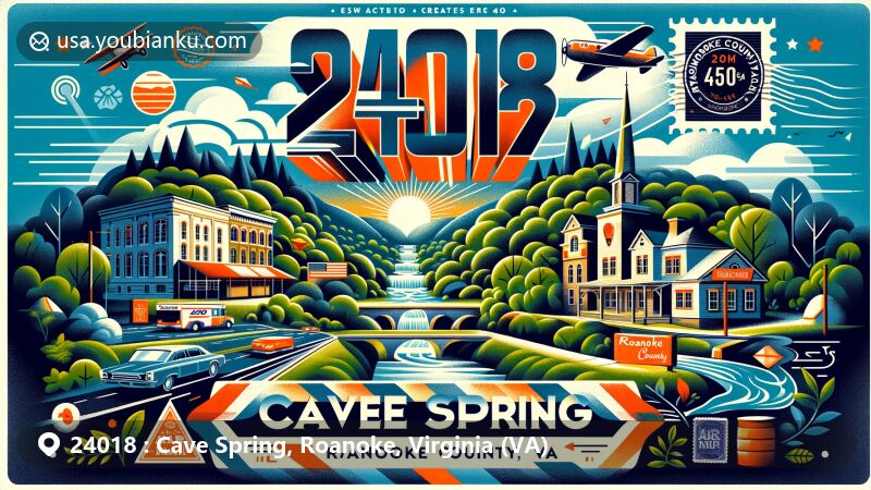 Modern illustration of Cave Spring, Roanoke, Virginia, featuring tranquil natural beauty and community spirit, adorned with lush greenery and postal elements like vintage air mail envelope and stamps, with prominent ZIP code 24018.