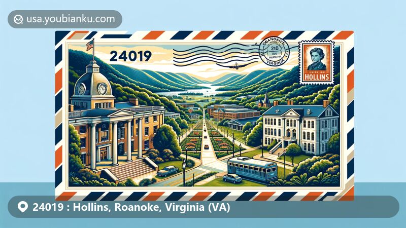 Vibrant illustration of Hollins, Roanoke County, Virginia, highlighting ZIP code 24019, showcasing Shenandoah Valley, Hollins University, and Blue Ridge Mountains, with postal theme and airmail envelope design.
