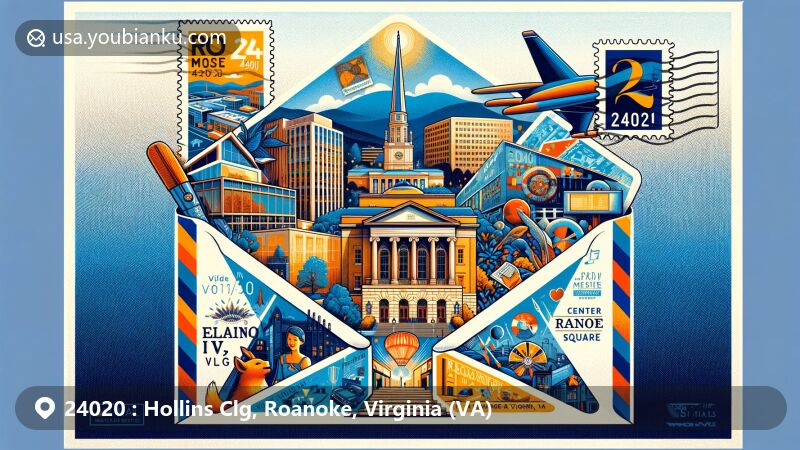 Artistic illustration of ZIP code 24020 area in Virginia, featuring Hollins University, Eleanor D. Wilson Museum, and Center in the Square in a postal theme with Blue Ridge Mountains backdrop.