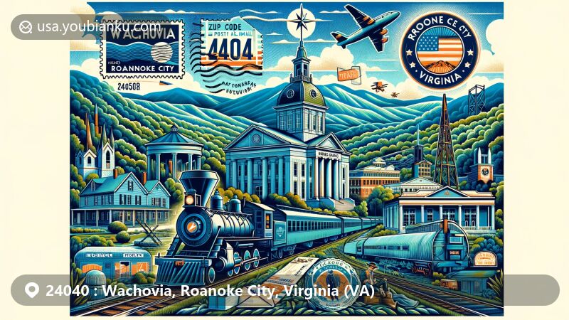 Modern illustration of Wachovia, Roanoke City, Virginia, featuring ZIP code 24040, showcasing iconic Mill Mountain Star, Blue Ridge Mountains, vintage train, air mail envelope, postage stamp with ZIP code, and Roanoke City postmark.
