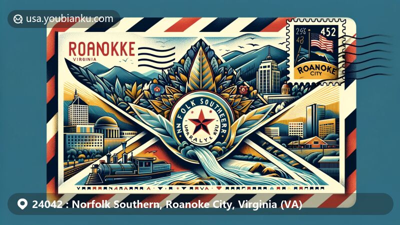 Modern illustration of a creatively designed airmail envelope inspired by Roanoke, Virginia, featuring the Roanoke Star, Blue Ridge mountains, Roanoke River, urban and natural landscapes, Virginia state flag, vintage-style Norfolk Southern Railway stamp, ZIP code 24042, and postmark.