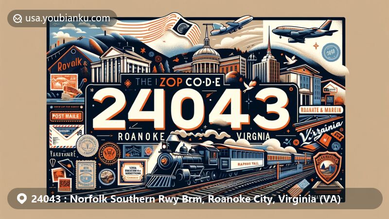 Modern illustration of the Norfolk Southern Rwy Brm area in Roanoke City, Virginia, featuring postal theme with ZIP code 24043, incorporating postcard, air mail elements, and landmarks like Taubman Museum of Art and Virginia Museum of Transportation.