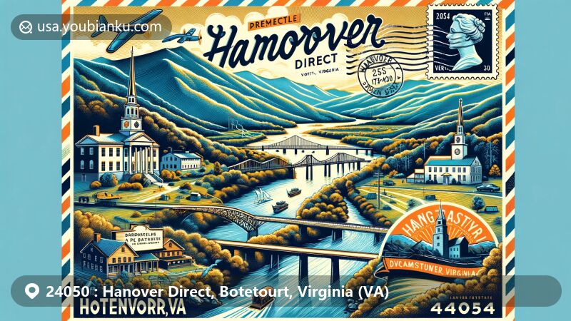 Modern illustration of Hanover Direct, Botetourt, Virginia, blending local geography, historical landmarks, and postal themes, with Blue Ridge Mountains and Appalachian Trail in the background.